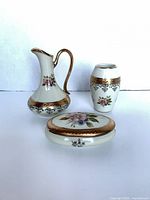miniature porcelain pitcher, bud vase and trinket box front view