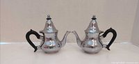Front view of both chrome teapots showing overall design, black handles and spouts