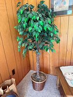 Full view of silk tree in wicker basket