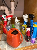 Overall view: watering can with multiple spray cleaners under sink