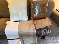 All items on sofa: two pillow inserts, two curtain panels, throw blanket, tan fabric piece