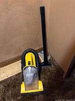 Full view of yellow and black Eureka cleaner with hose and black extension wand