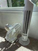 Tower fan and desk fan side by side
