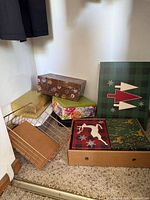 Group of boxes and basket showing variety of colors and patterns