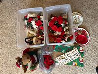 overview of entire lot with totes, plush figures, floral stems, plates, gift bags