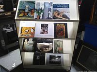 Full display of three-shelf case showing all 11 books