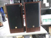 Front view of both Castle ASD 101 speakers with grilles and badges