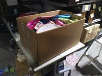 Cardboard box on table containing colorful cosmetic bags