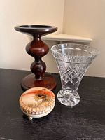 Overall view of wood pedestal, crystal vase, Nippon trinket box