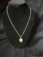 Full view of necklace on display bust showing chain and pendant