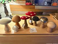 Eight assorted mushroom items lined up on wooden surface