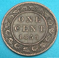 Reverse side showing ONE CENT 1859 within maple leaf wreath