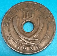Reverse side showing East Africa 10 and date 1936