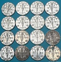 Front view of all sixteen Victory nickels arranged in rows