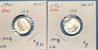 Both 1960 and 1961 Roosevelt dimes in 2x2 holders front view