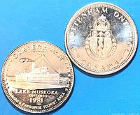 Obverse of Gravenhurst Lake Muskoka 1981 token and reverse crest side of Tottenham token