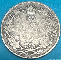 Reverse view showing crown, 25 CENTS, wreath, date 1921