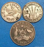 Obverse sides of 1946 NZ 3d, 1951 AU 3d, 1921 AU 6d