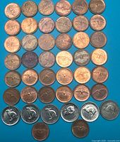 All 38 pennies and 6 nickels arranged in rows showing obverse designs