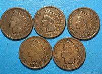 Five Indian Head cents dated 1895, 1897, 1898, 1902, 1905