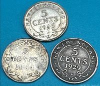 obverse sides of the three coins showing 5 CENTS and dates 1945, 1896, 1929