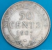 Reverse of 1907 Newfoundland 50-cent coin showing date and denomination