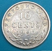 Reverse side showing NEWFOUNDLAND 10 CENTS 1941 design