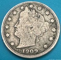 Obverse of 1909 Liberty Head nickel showing Liberty profile and date