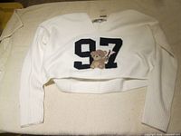 Front view of white Hollister cropped sweater displaying 97 and teddy bear graphic