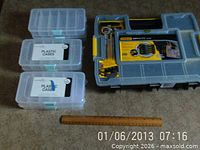Stanley SortMaster Junior organizer, three of the clear cases and scale ruler visible