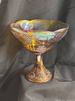 Full view of iridescent carnival glass compote on pedestal