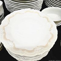 Stacks of dinner plates with matching pattern showing border and scalloped edge