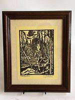 Full view of framed woodcut print