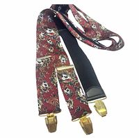 Full view of suspenders showing burgundy paisley straps, gold clips, black elastic segment