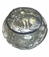 Jar with pewter lid in place showing cat figure and glass body