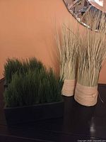 Two planters of artificial grass and two dried reed bundles