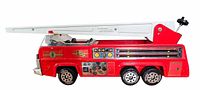 Full left side view of Tonka fire truck showing boom ladder and body