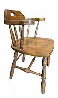 Side view of wooden child’s armchair showing arms, turned legs, seat profile
