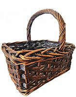Angled view of rectangular woven wicker basket with twisted handle