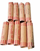 Front view of eight paper-wrapped penny rolls stacked