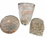 Group shot showing all three items—inkwell, paperweight, vase—for scale and relative condition