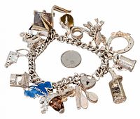 Full view of bracelet arranged in circle showing all charms and scale reference coin