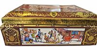 Side view showing gold filigree and winter street scene lithograph