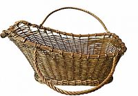 angled view of woven brass wine cradle showing overall form and handle