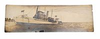 Front view of entire panoramic postcard showing USS Iroquois on water
