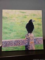 Front view of painting showing crow on post with green background
