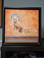 Front view of framed fox painting showing artwork and texture