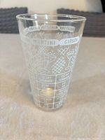 Front view of pint glass displaying Martini and Gibson recipe text