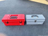 Plano red toolbox and Craftsman gray toolbox closed, side by side