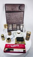 Full lot view showing writing case, fountain pen box, brushes, containers, cylindrical case